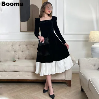 Короткие платья для выпускного вечера из черного велюра Booma, вечерние платья с квадратным воротником и длинными рукавами, женские вечерние платья чайной длины, вечернее платье