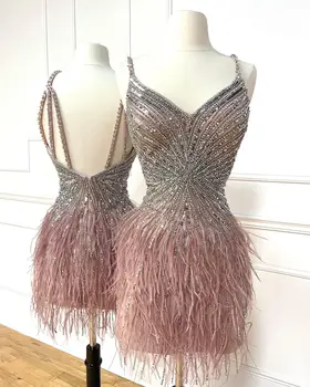 Короткое платье для выпускного вечера Spakrly Crystal на бретельках выше колена, мини-платья для вечеринок, Сексуальные Коктейльные платья с перьями и открытой спиной