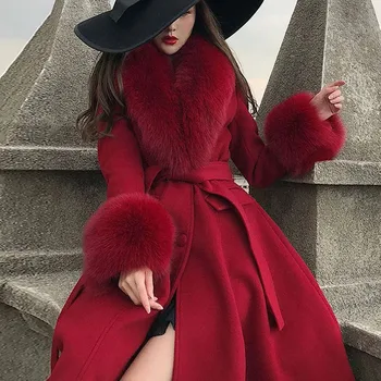 Красное роскошное шерстяное пальто с меховым воротником, теплые шерстяные пальто для женщин, свободный тонкий пояс высокого класса, Длинное кашемировое пальто, Женские Новые зимние куртки