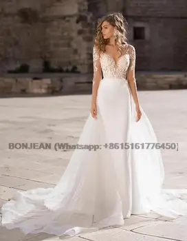 Кружевные свадебные платья Русалки с длинным рукавом и съемным шлейфом 2023 Свадебное платье с V-образным вырезом, Открытое платье принцессы на заказ