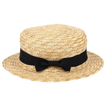 Милая Соломенная шляпа для девочек с бантом, детская пляжная летняя шляпа-канотье с большими полями, Пляжная лента, Круглая Фетровая шляпа с плоским верхом