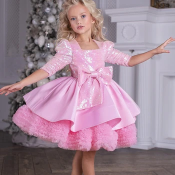 Милое розовое платье с блестками для девочки в цветочек, квадратный вырез, половина рукава, платье принцессы для маленькой девочки, свадьба, День рождения, вечеринка для первого причастия
