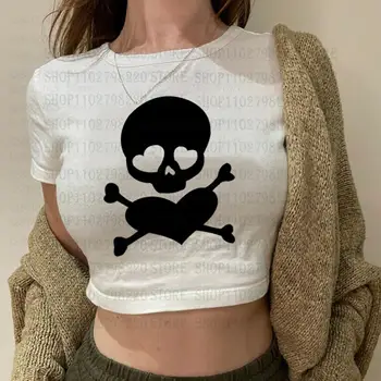 Модная кокетка 2023, Летняя женская футболка с изображением любовного черепа, винтажная Кавайная эстетическая одежда Y2k, топ на бретелях, укороченные топы для сексуальных девушек