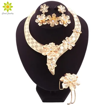 Модное ожерелье с цветочным дизайном, браслет, Ювелирный набор золотого цвета в Дубае для женщин, свадебные серьги, кольцо, ювелирные изделия