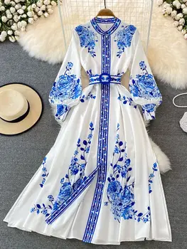 Модное сине-белое платье с цветочным принтом, Женская одежда, длинный рукав-фонарь, однобортный пояс, винтажные платья