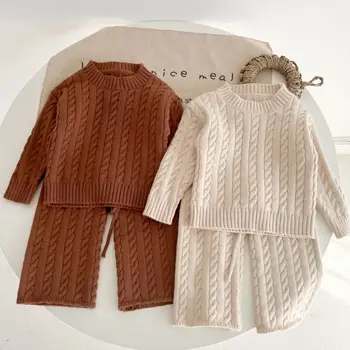 Модный вязаный свитер для маленьких девочек и мальчиков, Зимний однотонный пуловер для малышей, свитер + Широкие брюки, 2 предмета детской одежды от 1 до 8 лет