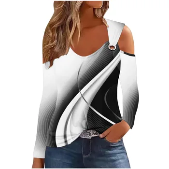 Модный женский топ с открытыми плечами с рождественским принтом 2023, женская повседневная футболка с длинным рукавом, женская свободная футболка из сплайсинга