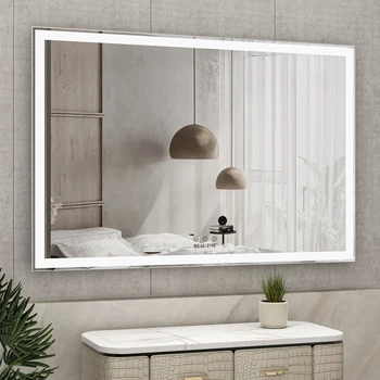Настенное зеркало со светодиодной подсветкой размером 60x40 дюймов, настенное зеркало с 3 цветовыми режимами, Алюминиевое зеркало в раме, большое настенное зеркало для ванной комнаты