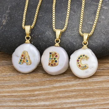Новая мода начальные буквы алфавита A-Z Натуральный пресноводный жемчуг Кулон Ожерелье Циркон колье Ювелирные изделия подарок для женщин