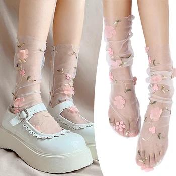 Новинка, Летние женские кружевные носки с цветочным рисунком, Прозрачные сетчатые носки, Ультратонкие носки средней длины, дышащие носки в сеточку для девочек