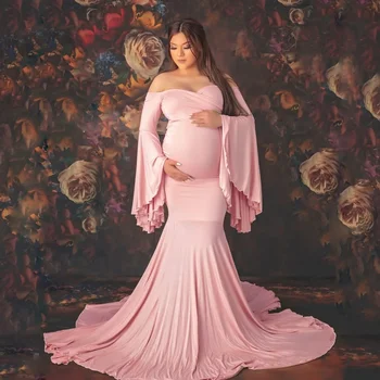 Новый Реквизит для фотосъемки беременных Беременность Хлопок Шифон с длинным рукавом Для беременных Сексуальное платье без бретелек Фотосессия Беременное платье