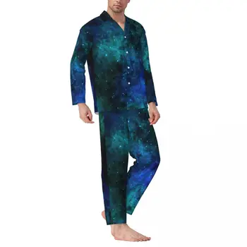 Пижамные комплекты с принтом Галактики Blue Nebula Space Удобная пижама с длинным рукавом Винтажная одежда для отдыха из 2 предметов Пижамы Плюс размер 2XL