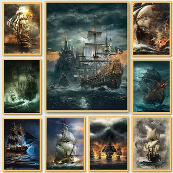 Плакат с пиратским кораблем Средневековья для домашнего декора гостиной Забавное морское сражение века Холст Картина Настенное искусство Куадрос