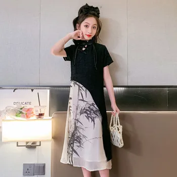 Платье для девочек Hanfu, лето 2023, Новое детское модное длинное платье в древнем стиле Qipao Super Immortal Princess с черным принтом