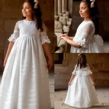 Платья для девочек для причастия, белая винтажная юбка принцессы, кружевные платья подружек невесты с цветочным рисунком, Детское свадебное вечернее платье трапециевидной формы