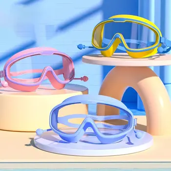Противотуманные плавательные очки для дайвинга, Большая оправа С затычками для ушей, Плавательные очки с широким обзором, Силиконовое снаряжение для плавания Для детей / взрослых