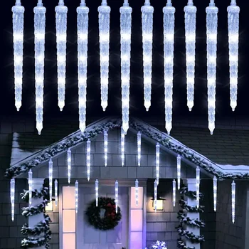 Рождественские огни в виде сосулек, 20 трубок, 90 светодиодов, 8 режимов, подключаемый светильник в виде сосулек, Метеоритный дождь, дождевая подсветка для праздничного оформления внутреннего дворика.