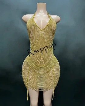 Сексуальные женские платья для дня рождения с открытой спиной, потрясающие коктейльные платья на бретелях, расшитые золотым бисером, черные короткие платья для выпускного вечера для девочек 2023 г.