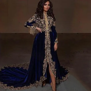 Синий Марокканский кафтан, Мусульманские вечерние платья трапециевидной формы с длинными рукавами, Бархатные аппликации, Дубайское Арабское Турецкое исламское платье Абайя