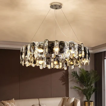 Современная роскошная потолочная люстра из серого и прозрачного хрусталя, Серебристый подвесной светильник для гостиной, домашней спальни, хромированный светильник