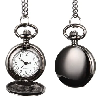 Старинные Круглые Черные карманные кварцевые часы с гладкой поверхностью Модные часы Унисекс Ожерелье Подвески Цепочка Часы Подарки на день рождения