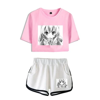 Удобный комплект из двух предметов с принтом Toradora в стиле хип-хоп, сексуальные шорты + милая футболка, милые спортивные костюмы для девочек с выпуклым пупком
