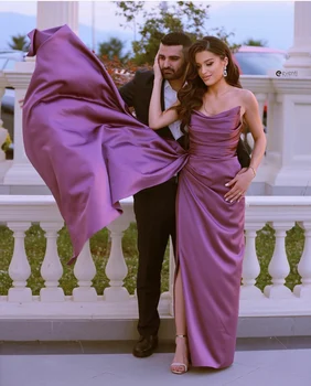 Элегантные Длинные плиссированные фиолетовые атласные платья для выпускного вечера с разрезом на прямой молнии сзади Длиной до пола Вечернее вечернее платье
