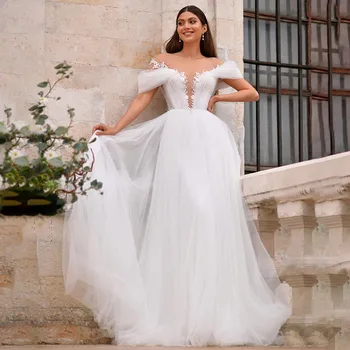 Элегантные свадебные платья, белые пляжные платья трапециевидной формы с открытыми плечами для женщин 2023, свадебное платье с аппликацией для невесты и открытой спиной