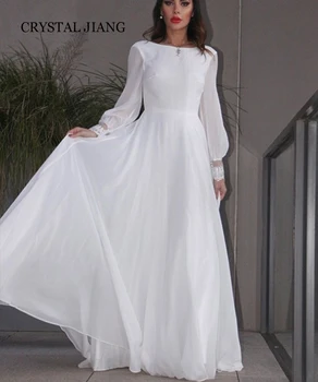 Элегантные Свадебные платья из шифона с длинными рукавами, открытой спиной, Трапециевидной формы, со взъерошенным шлейфом, Vestido De Noiva Casamento