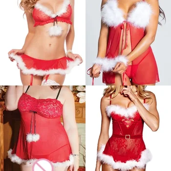 Эротическая Рождественская пижама, женская пижама, Сексуальный красный комплект нижнего белья, обнажающий грудь, юбка на подтяжках, ночная рубашка для соблазнения