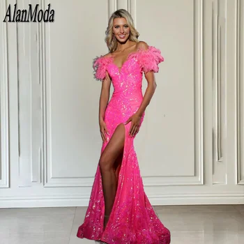 Ярко-розовые платья для выпускного вечера 2024, вечерние платья русалочки с блестками, вечернее платье с разрезом из перьев, длинные платья Galas