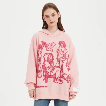 2023 Мужская уличная одежда, Розовая толстовка с капюшоном, толстовка с забавным мультяшным рисунком, осенний пуловер с капюшоном в стиле аниме харадзюку, хип-хоп-хипстер