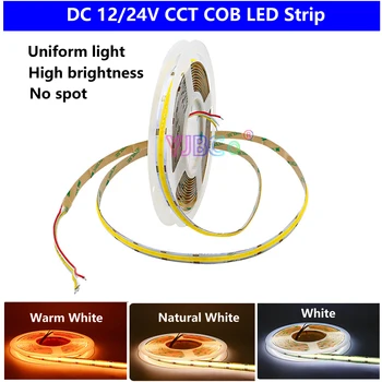 5M CCT COB LED Strip Light DC 12V 24V 608LEDS/m 2700K-6500K High-Density Гибкая Затемняемая FOB Линейная Световая Лента 8/10 Мм PCB