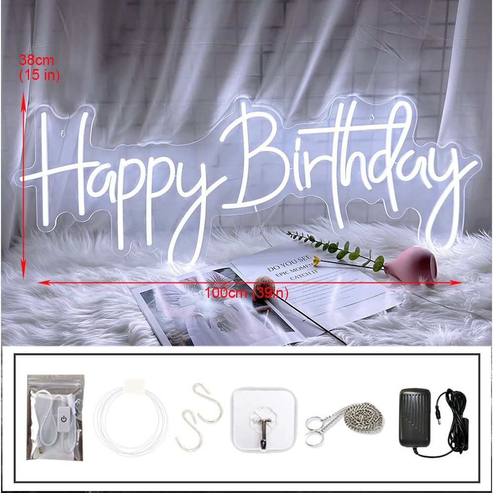 Светодиодная неоновая вывеска happy birthday 100cm для украшения фона вечеринки, акриловое свечение с регулируемой яркостью с переключателем