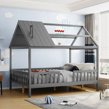 Двуспальная кровать из серого дерева с двумя выдвижными ящиками и гладкими краями для безопасности детей