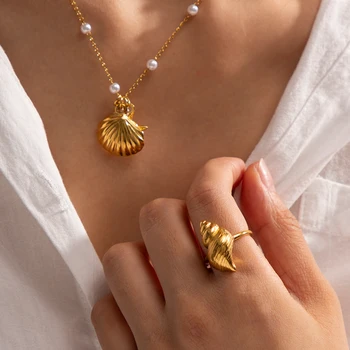 Кольцо с текстурированной раковиной из 18-каратного золота, модное массивное кольцо из нержавеющей стали, не тускнеющее, женское модное кольцо с геометрической текстурой металла