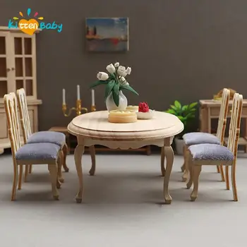Кукольный домик в миниатюре 1:12, Деревянный обеденный стол, набор стульев, Имитационная модель мебели, игрушка для декора ресторана в кукольном домике