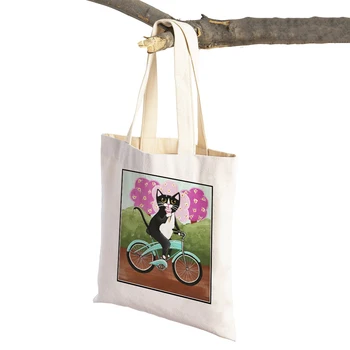 Мультяшный Велосипедный кот, женская холщовая сумка для покупок, повседневная милая сумка-тоут для домашних животных, многоразовые женские сумки для покупок с двойным принтом