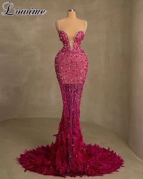Новые вечерние платья цвета фуксии с жемчугом, Русалочьи спагетти, Сексуальные платья для выпускного вечера с перьями, Vestidos Para Mujer
