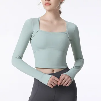 Новый облегающий женский короткий топ для йоги и фитнеса с подкладкой на груди, дышащий для тренировок, бега, спорта, LuluLemonS С длинными рукавами