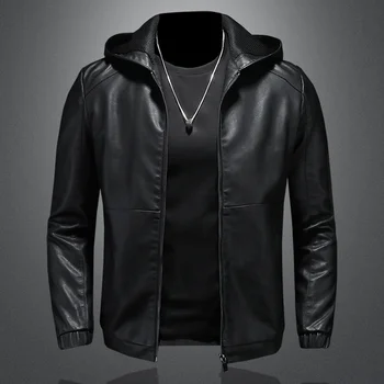 Осенняя мужская куртка из искусственной кожи с капюшоном, модные черные мотоциклетные кожаные пальто, высококачественная повседневная уличная одежда, верхняя одежда на молнии, мужская