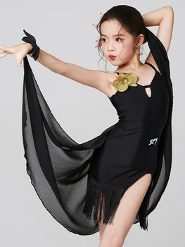 Платье для соревнований по латиноамериканским танцам для девочек, костюм для бальных танцев, Белое Черное платье с бахромой, Детская танцевальная одежда для выступлений в стиле Румбы DNV18505