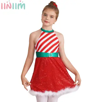 Рождественское платье из конфетной трости для детей и девочек, костюм Мисс Санта Клаус для Косплея, фигурное катание, Балетное платье-пачка на бретельках для танцев