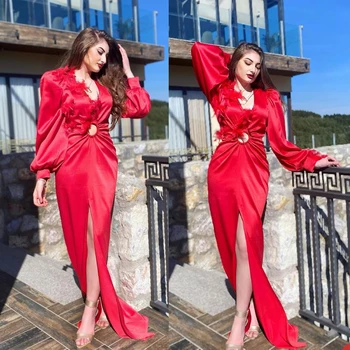 Сексуальное красное вечернее платье Русалки с длинным рукавом и V-образным вырезом, Дубайское женское платье длиной до пола, вечерние платья для выпускного вечера с высоким разрезом из перьев