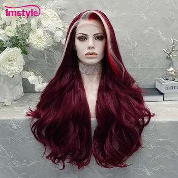 Темно-красный парик Imstyle, белый парик, синтетический парик на кружеве, длинный волнистый парик для женщин, парик для косплея из термостойкого волокна