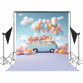 Фон для студийной фотосъемки Путешествие на воздушном шаре в автобусе Свадебный фон Голубое Небо Цветочница Детский торт на День рождения Фото Фотобудка